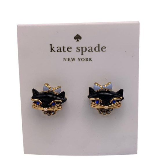 NWT Kate Spade New York Gold-tone Crystal and enamel Black Cat Stud Earrings - Picture 1 of 3